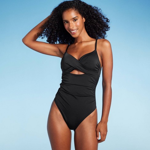 Women's Twist Detail Underwire Extra Cheeky High Leg One Piece Swimsuit -  Shade & Shore™ Black 38DD