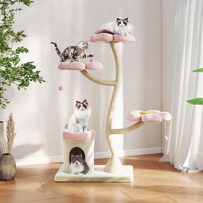 SEVOBAL 57" Tall Flower Cat Tree Modern Tower Scratching Post with Large Condo Cat Bed Side Perch Dangling Toys, Modern for Indoor Cats Large Adult