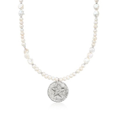 Ross-Simons 4-8mm Keshi Pearl and 5.5-6.5mm Cultured Pearl Sand Dollar Necklace With Hematite Beads in Sterling Silver