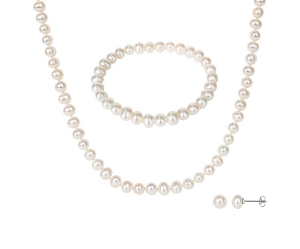 3 Piece Pearl Earring Necklace and Bracelet Set - White
