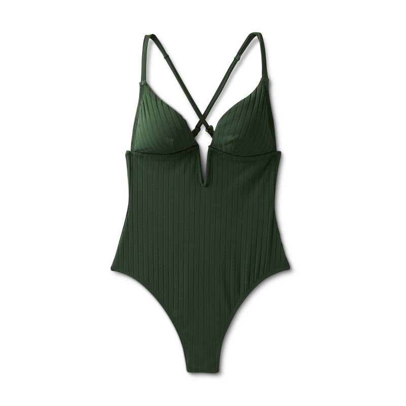 Women's Ribbed Plunge Front V-Wire One Piece Swimsuit - Shade & Shore™ Dark Green, 6 of 14