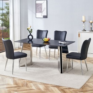 CAVINAS Dining Table Set Black Marble-Patterned Slabs Tabletop with Stainless Steel Butterfly Legs with 4 PU Chairs for Kitchen - 1 of 4