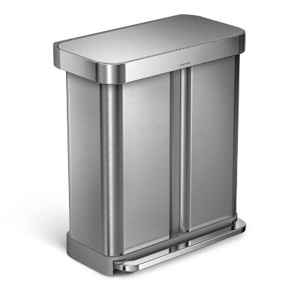 simplehuman 58L Dual Compartment Stainless Steel Rectangular Step Trash Can and Recycler Silver
