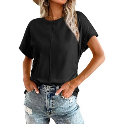 Women's Summer Short Sleeve Side Ruched Crew Neck T-Shirt Casual Knit Basic Tops