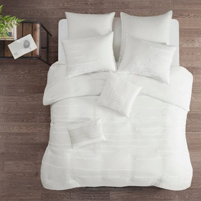 White Microfiber Queen 8-Piece Comforter Set with Gathered Embellishment