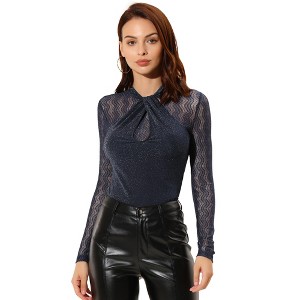 INSPIRE CHIC Women's Party Twist Neckline Glitter Sheer Mesh Long Sleeve Blouse - 1 of 4