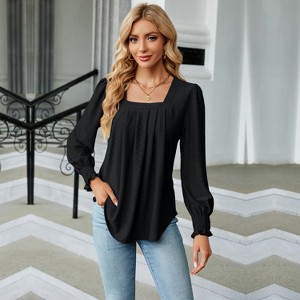 Women's Textured Square Neck Long Sleeve T-Shirt with Front Pleats - 1 of 4
