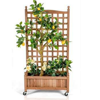 Tangkula 50in Wood Planter Box with Trellis and Wheels Mobile Plant Raised Bed for Indoor&Outdoor