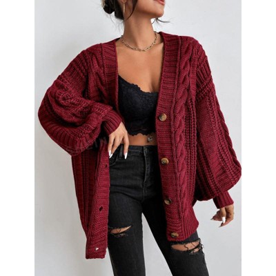 Clearlove Womens V Neck Cable Knit Cardigan Vintage Inspired Oversized Sweater Coat Lantern Sleeve Boho Chic Open Front Wrap