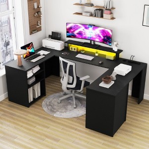 U Shaped Computer Desk Gaming Desk With Drawers With Storage Shelves & Record Storage Display Shelf Black - 1 of 4