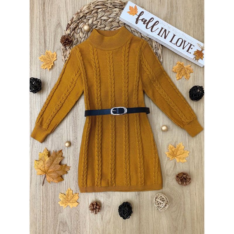 Girls Marigold Glam Cable Knit Belted Sweater Dress - Mia Belle Girls, 3 of 4