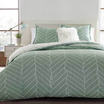 Full White and Green Cotton Reversible Bedspread Set