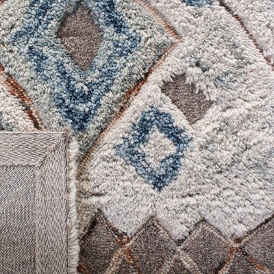 Beige and Navy Hand-Tufted Wool Moroccan Shag Runner Rug