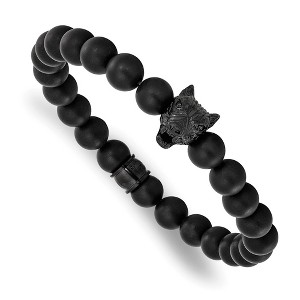 Chisel Stainless Steel Black IP-plated Wolf Head Matte 8mm Black Agate Beaded 7" Stretch Bracelet - 1 of 4