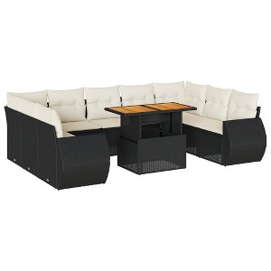 vidaXL 10 Piece Patio Sofa Set with Cushions Black Poly Rattan - Black and Cream Table + 4x Corner + 5x Middle - 1 of 4