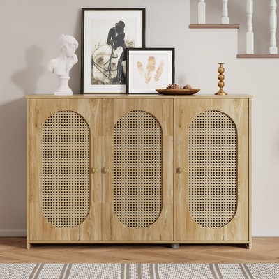 NicBex 48.8"  3-Doors Sideboard,Kitchen Storage Cabinets with Rattan Doors and Metal Handles for Kitchen and Dining Room,Black/White/Brown/Light Brown