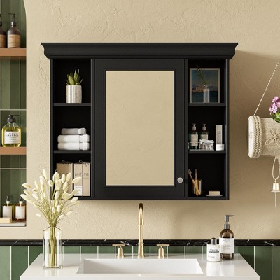 Vynxaria 35" x 28" Black Wall-Mounted Bathroom Cabinet with Mirror Door & 6 Open Shelves - Modern Storage Solution for Your Bathroom.