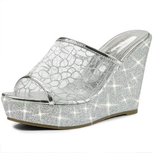 Allegra K Women's Glitter Platform Slip on Wedge Slide Sandals - 1 of 4