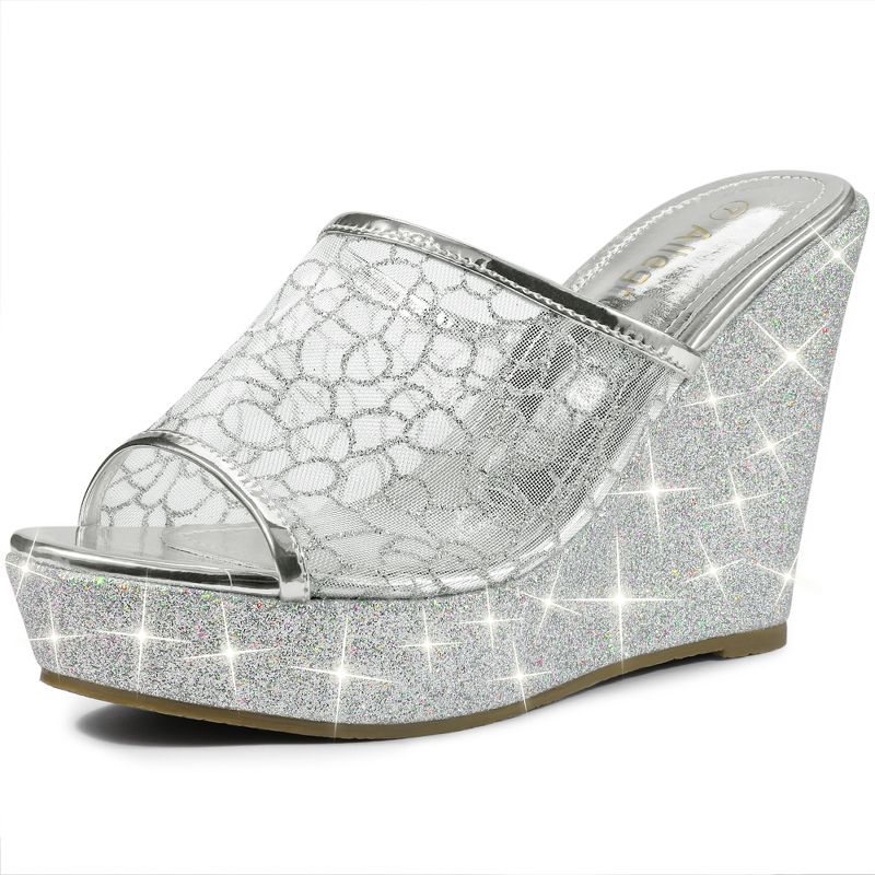 Allegra K Women's Glitter Platform Slip on Wedge Slide Sandals, 1 of 7