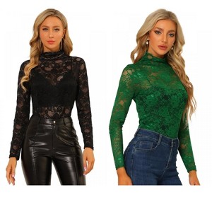 INSPIRE CHIC Women's See-Through Long Sleeve Turtleneck Sheer Floral Lace Blouse 2 Packs - 1 of 4