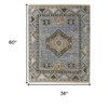Ivory Tan and Blue Wool Oriental Hand Knotted Area Rug With Fringe - 3 of 4