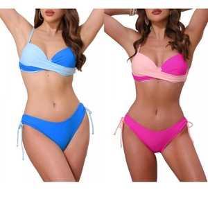 INSPIRE CHIC Women's Front Cross Contrast Color Top Triangle Bottoms Swimwear Bathing Bikini Suits 2 Sets - 1 of 4