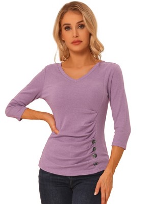 INSPIRE CHIC Women's V Neck 3/4 Sleeves Solid Knitted Buttons Decor Ruched Blouse