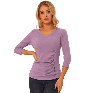INSPIRE CHIC Women's V Neck 3/4 Sleeves Solid Knitted Buttons Decor Ruched Blouse - 1 of 4