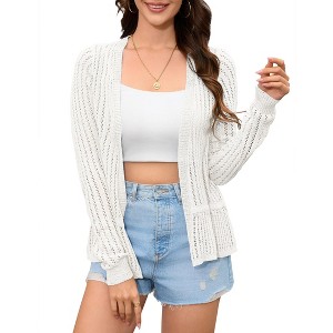 Women Hollow Out Cardigan Sweater Crochet Knit Shrugs Long Sleeves with Ruffled Hem - 1 of 4