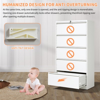 Anybear 5 Drawer Metal Lateral File Cabinet , White Filing Cabinet with Lock