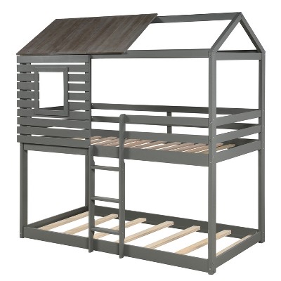 Twin Over Twin Wood Bunk Bed With Roof, Window, Guardrail, Ladder Gray ...