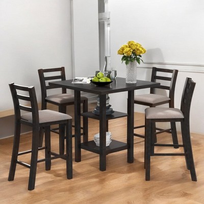 5-Piece Wooden Counter Height Dining table Set with Padded Chairs & Storage Shelf for Dining Room and Kitchen