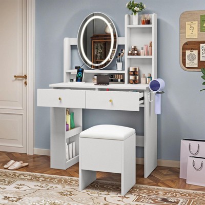 Makeup Vanity Desk Set w/Round LED Lighted Mirror 3 Shelves Stool & Jewelry Storage Dressing Table For Girls Women