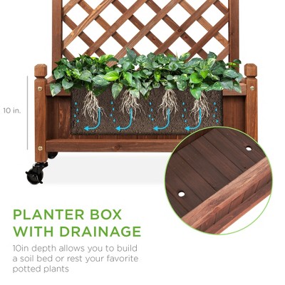 Walnut Finish Mobile Wood Planter Box with Diamond Lattice Trellis - 48"