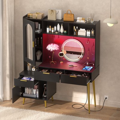 Aheaplus 48'' Vanity Desk with Charging Station and LED Light, Vanity Table with Drawer,  Shelves and Pegboard