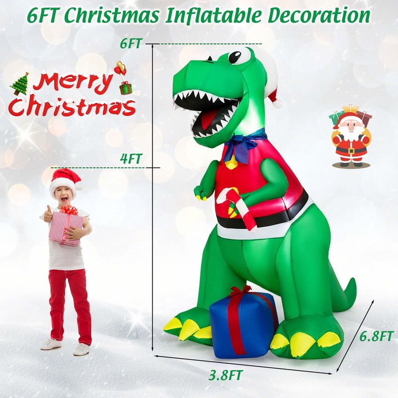 Costway 6FT Inflatable Christmas Dinosaur Dinosaur Decoration with LED Lights & Gift Box, 3 of 11