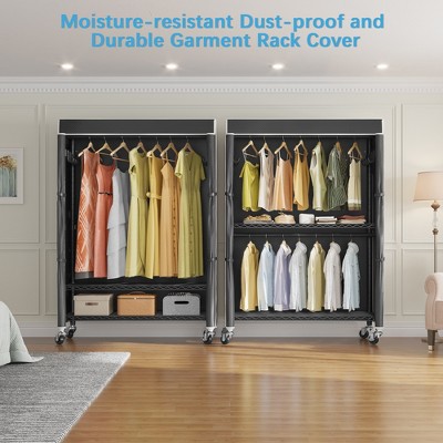 Black Heavy Duty Rolling Garment Rack with Cover and Wire Shelving