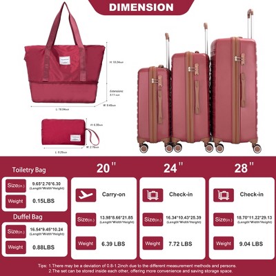 Vynxaria 5-Piece Wine Red PP Hardshell Luggage Set 20/24/28" Suitcases Travel Bag Toiletry Pouch TSA Lock