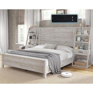 AMERLIFE Bed with Wide Headboard, 4-Tier Bookshelves, Charging Station & 2 Drawers - 1 of 4