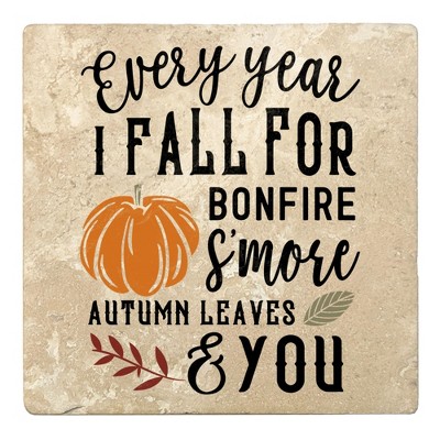 Christmas by Krebs Set of 4 Ivory and Black "Every Year I FALL FOR BONFIRE" Square Coasters 4"