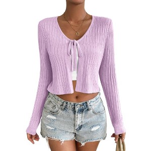 BLUEMING Summer Cardigan Sweaters for Women Cropped Lightweight Front Tie Cardigan with Eyelet Knit Rib Texture Caridigan - 1 of 4