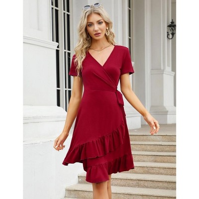 Whizmax Women's 2024 Wrap V Neck 3/4 Sleeve Dress Summer Casual Ruffle Side  Split Flowy High Waist Midi Dress With Belt Party Dresses Wine Red M :  Target