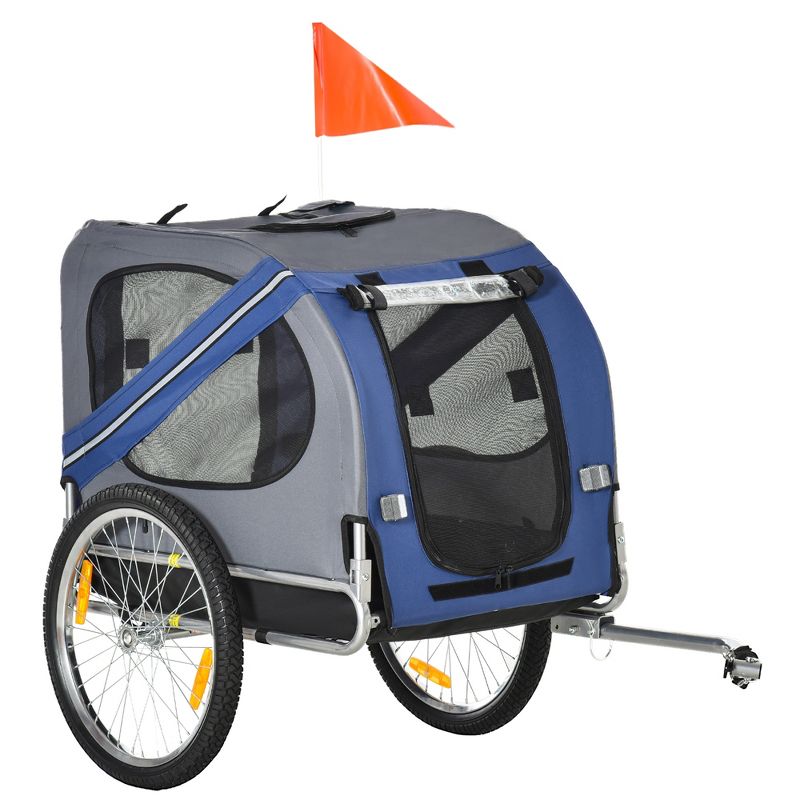 Blue and Gray Mesh Screen Pet Bike Trailer with Large Wheels