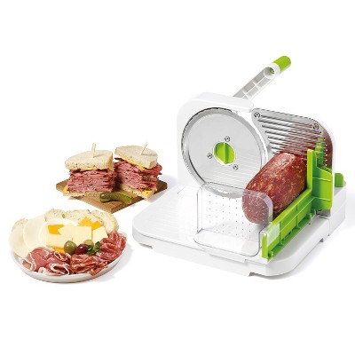 Compact Green and White Manual Deli Slicer with Stainless Steel Blade