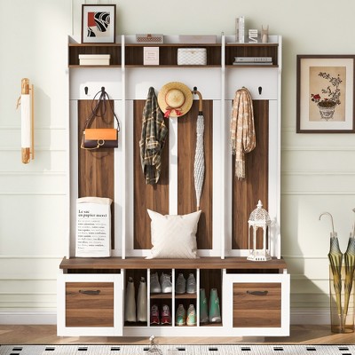 Vynxaria U-Can 5-in-1 Entryway Bench with Coat Rack, 7 Hooks, 2 Drawers & Adjustable Shelves - Perfect for Hallway & Living Room