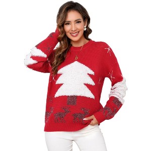 Coolmee Women's Christmas Tree Sweater Casual Long Sleeve Knitted Pullover Sweaters Crewneck Loose Jumper Tops - 1 of 4