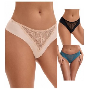 INSPIRE CHIC Women's Mid Waisted Briefs Smooth Silky Panties Soft Lace Breathable Underpants 3 Packs - 1 of 4