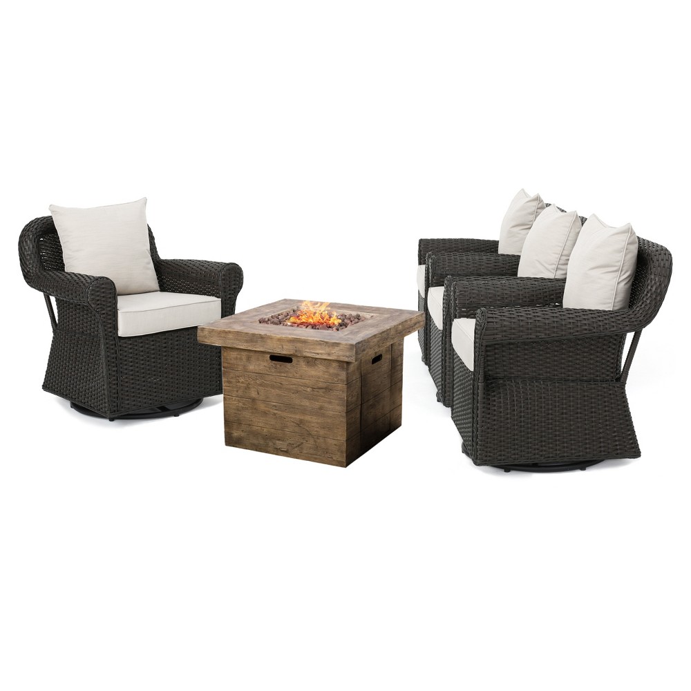 Arlington 5pc All-Weather Wicker Patio Chair Set w/ Fire Pit - Dark Brown - Christopher Knight Home