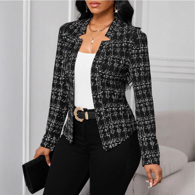 Women Open Front Blazer Plaid Print Stand Collar Long Sleeve Fitted Waist Casual Work Wear Black L