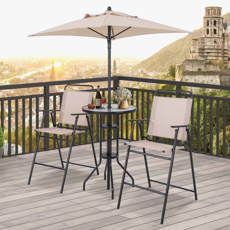 Costway 4PCS Patio Bistro Set Folding Counter Height Chairs Round Bar Table& Umbrella, 4 of 11